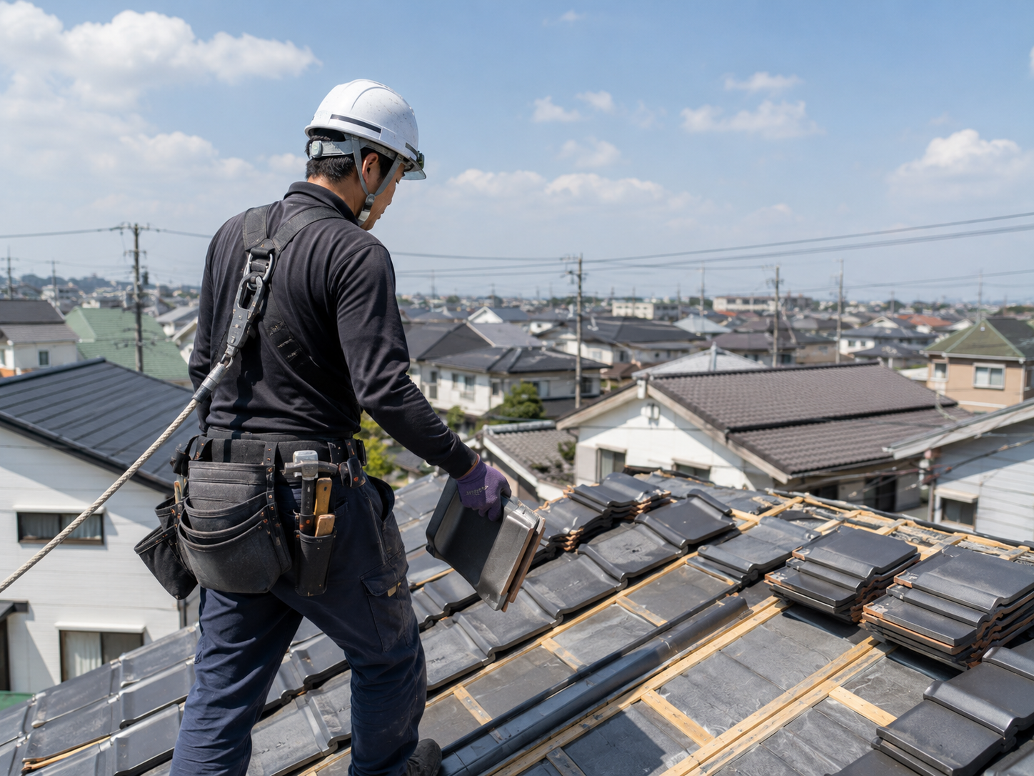 屋根の上で瓦を扱う職人
