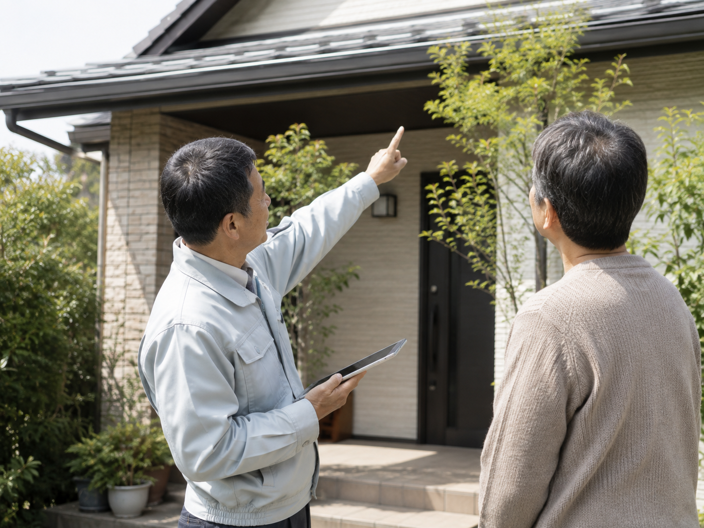 玄関先で住人に説明をする作業着姿の男性